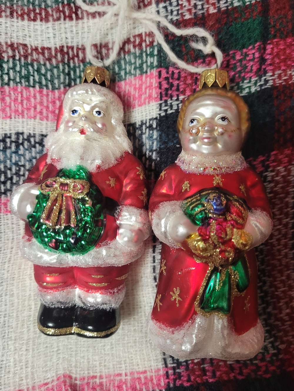 European Style Mercury Glass Santa AND Mrs. Claus Glitter Christmas Ornaments
